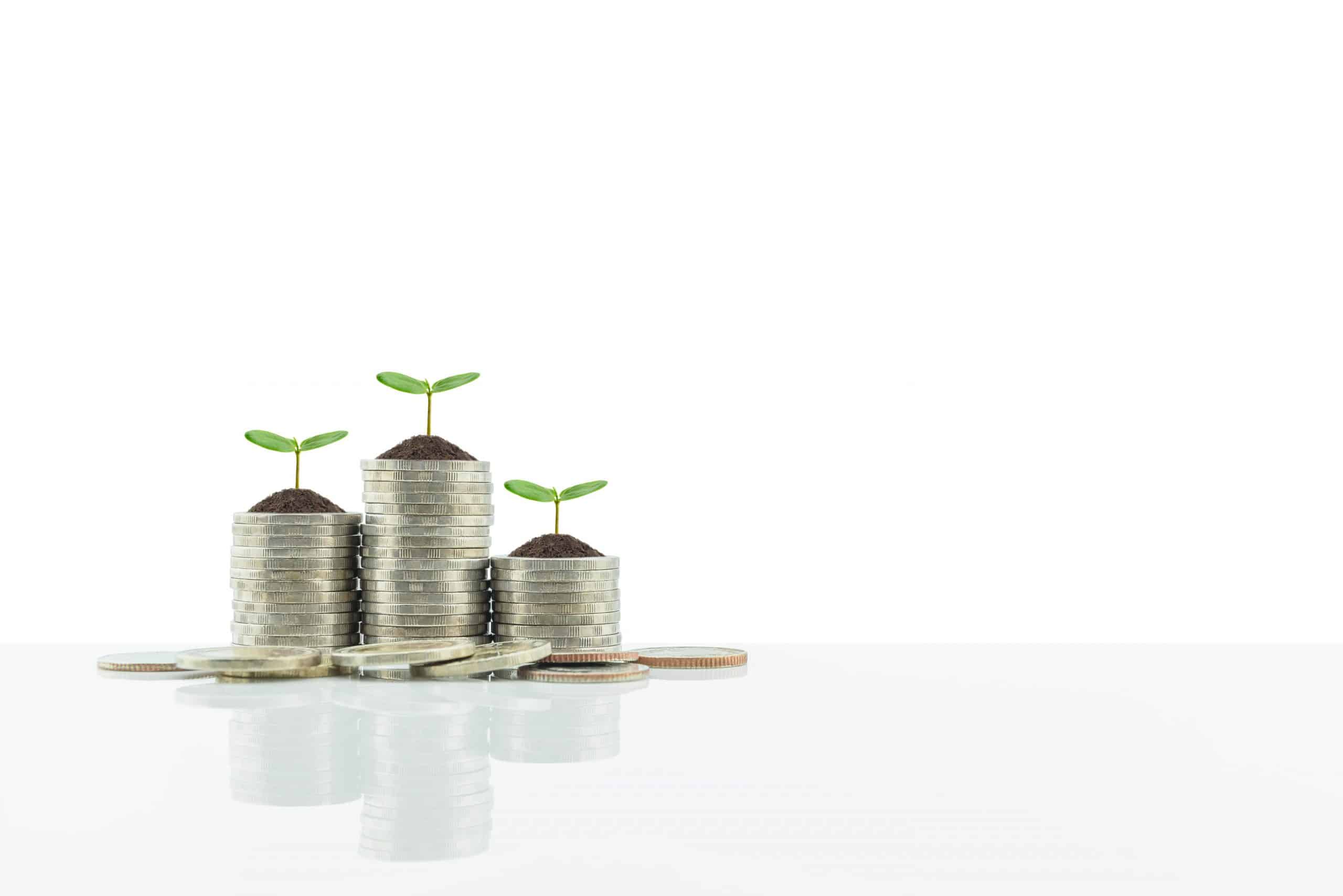 Pictured are three stacks of coins that are depicted as if they are baby plants just sprouting from the ground. Achieving financial freedom begins with planting the seeds of passive income channels and watching them grow. This image is featured on the Passive Income MD blog titled, "Achieving Financial Freedom as a Physician is Simple, but Not Easy."