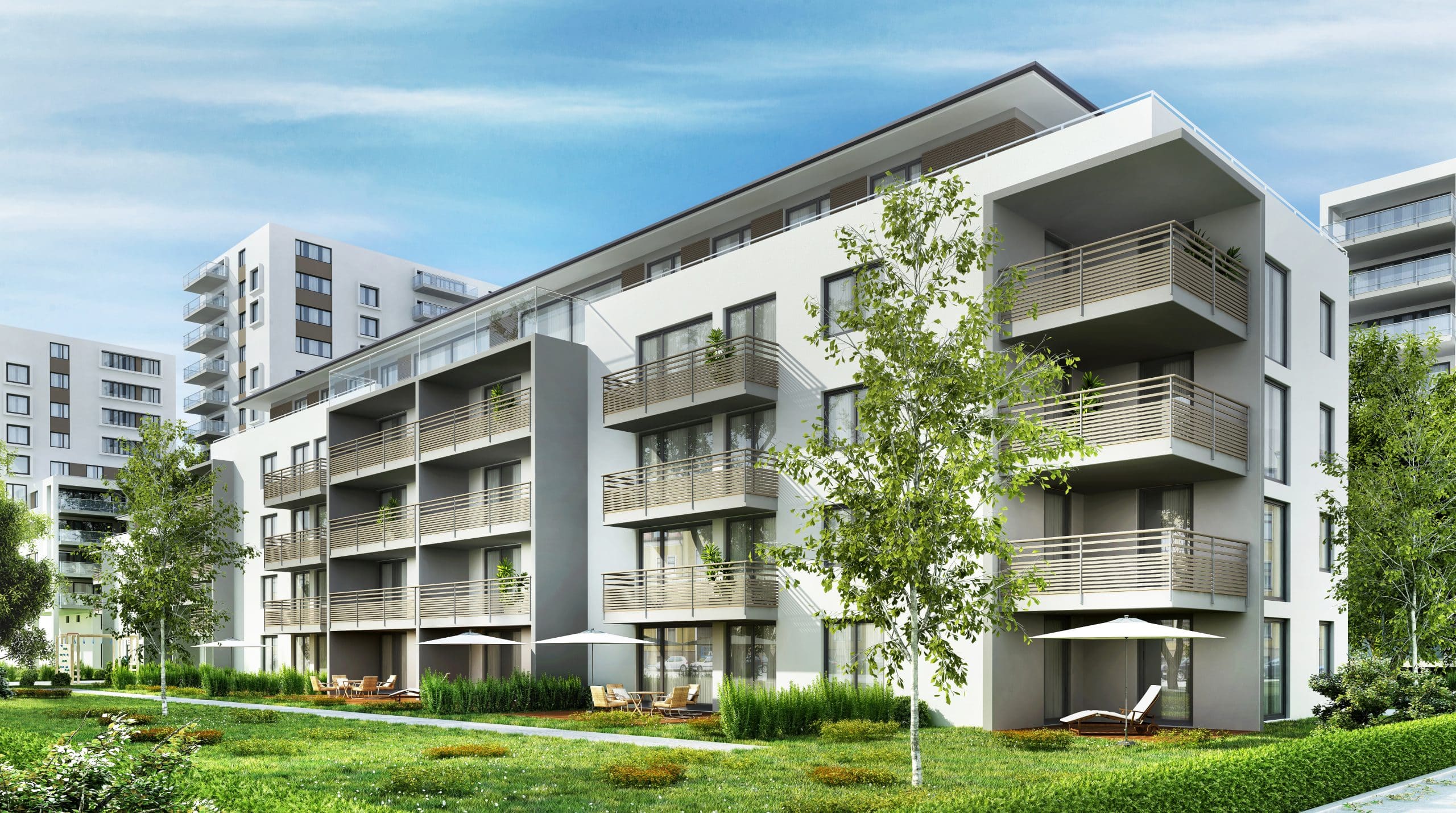 You're reading about six ways to invest in apartment buildings by Passive Income, MD. Pictured here is a modern apartment building, one example of a multifamily property.