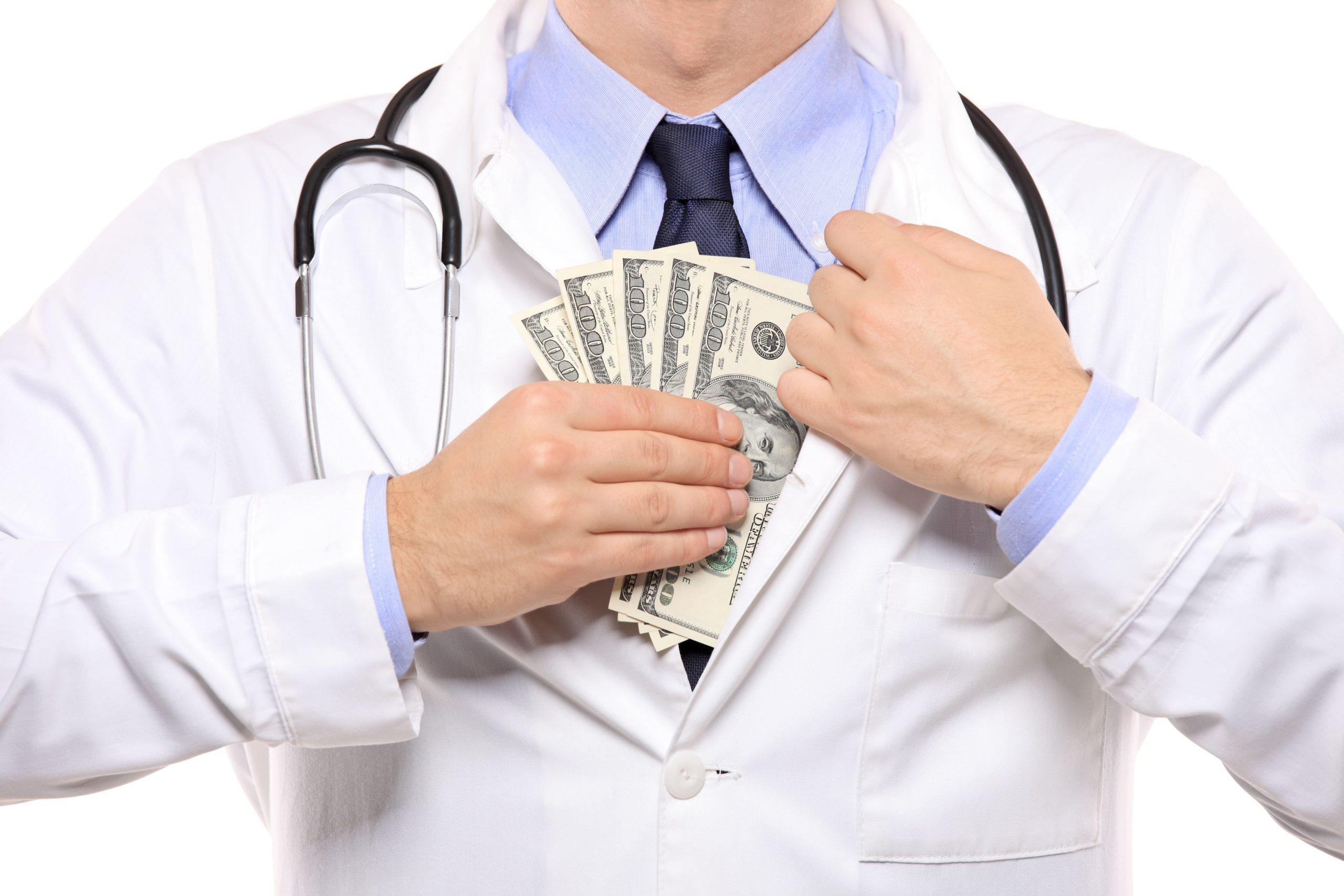A person in a white doctor's coat putting extra cash into his inside pocket. This image is featured on the list of physician side hustles provided by Dr. Peter Kim of Passive Income MD.