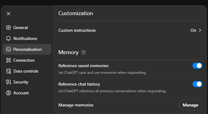 chatgpt enable or disable memory